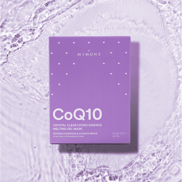 Purple packaging of Mimone CoQ10 gel mask on a textured purple background